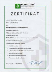 Zertifikat Notfallseminar f&uuml;r Hebammen Dezember 2022
